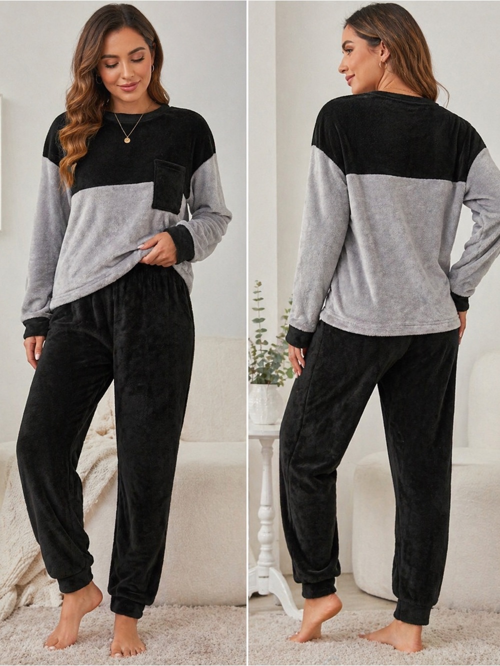 Cozy Plush Capsule Lounge Set Black Gray Colorblock Pullover + Pants Size L